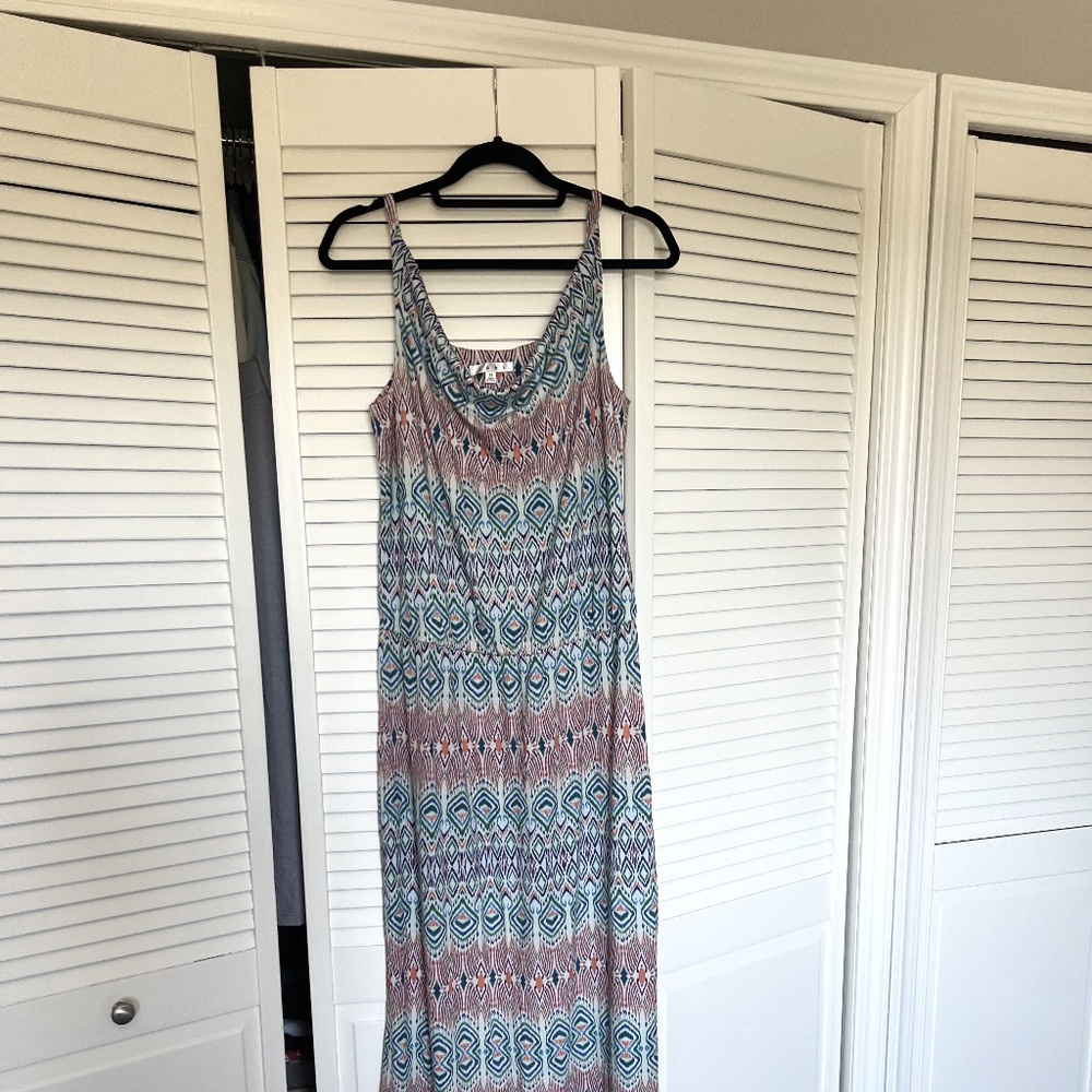 Cabi Dress Maxi Ikat Print Knit Stretch Sleeveless Slit Modal Size Medium #317